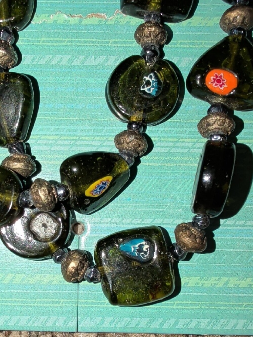 1950's Dual Strand Murano Venetian Olive Green Glass Millefiori Bead Necklace - Picture 7 of 16